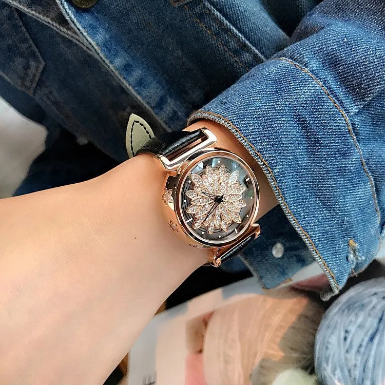 Women's Watch Petal Pattern Chassis leather strap elegant watch