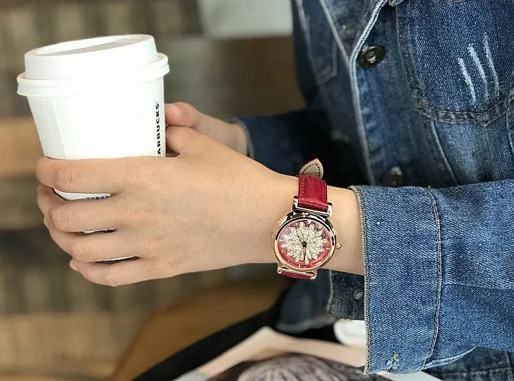Women's Watch Petal Pattern Chassis leather strap elegant watch