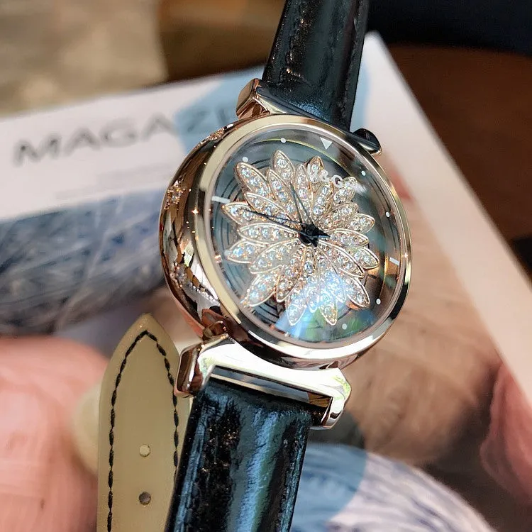 Women's Watch Petal Pattern Chassis leather strap elegant watch