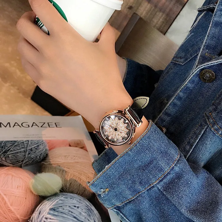 Women's Watch Petal Pattern Chassis leather strap elegant watch