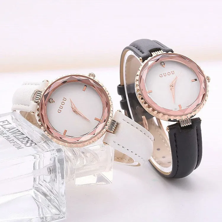 Women's Watch Rhinestone Waterproof large dial leather strap quartz watch