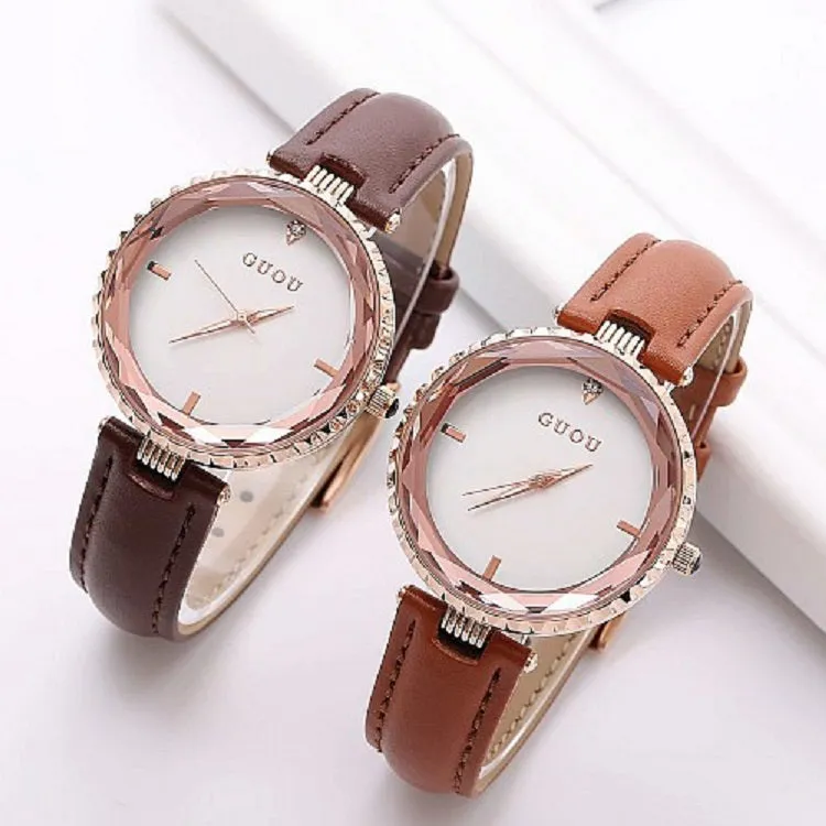Women's Watch Rhinestone Waterproof large dial leather strap quartz watch