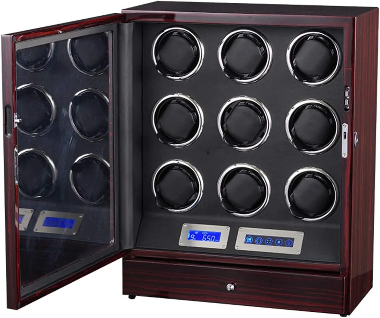 Wooden Watch Winder for 9 Automatic Watch LCD Touch Screen Adjustable Watch Pillows Wooden Storage Box Quiet Motor (Color : Red)