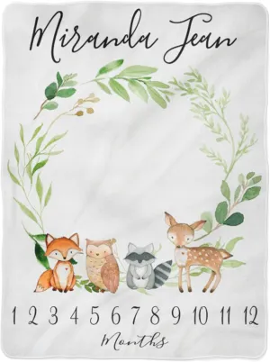Woodland Milestone Blanket Monthly Growth Tracker Soft Fleece Fox Blanket Newborn Gift Blanket Watch Me Grow Baby Boy Girl