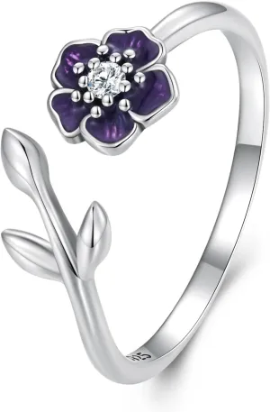 WOSTU Adjustable Flowers Sterling Silver Open Rings Purple Enamel Stackable Rings Cubic Zirconia Ring Promise Ring For Women Jewelry