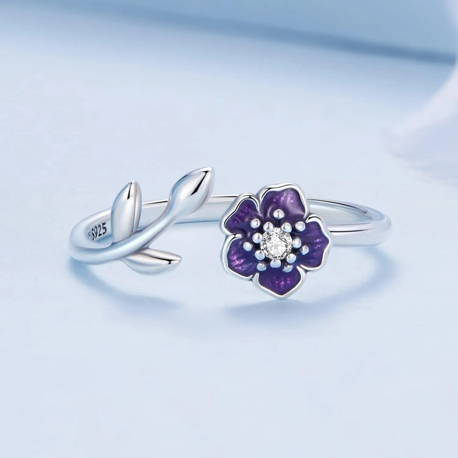 WOSTU Adjustable Flowers Sterling Silver Open Rings Purple Enamel Stackable Rings Cubic Zirconia Ring Promise Ring For Women Jewelry