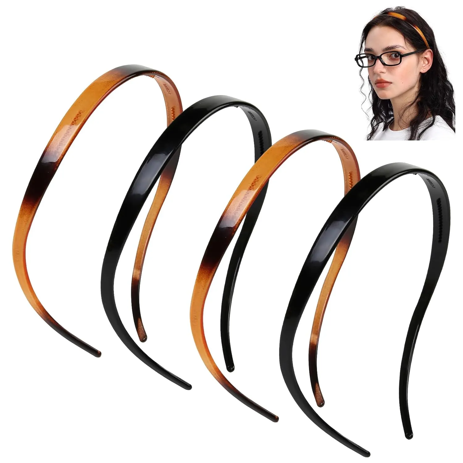WOVOWOVO Flex Headbands Designed for Glasses Wearer, Plastic Eyewear Hair Bands with Teeth Comb Skinny Thin Head Bands for Women's Hair, No Pressure Non Slip Comfortable Hairbands, 4 Packs