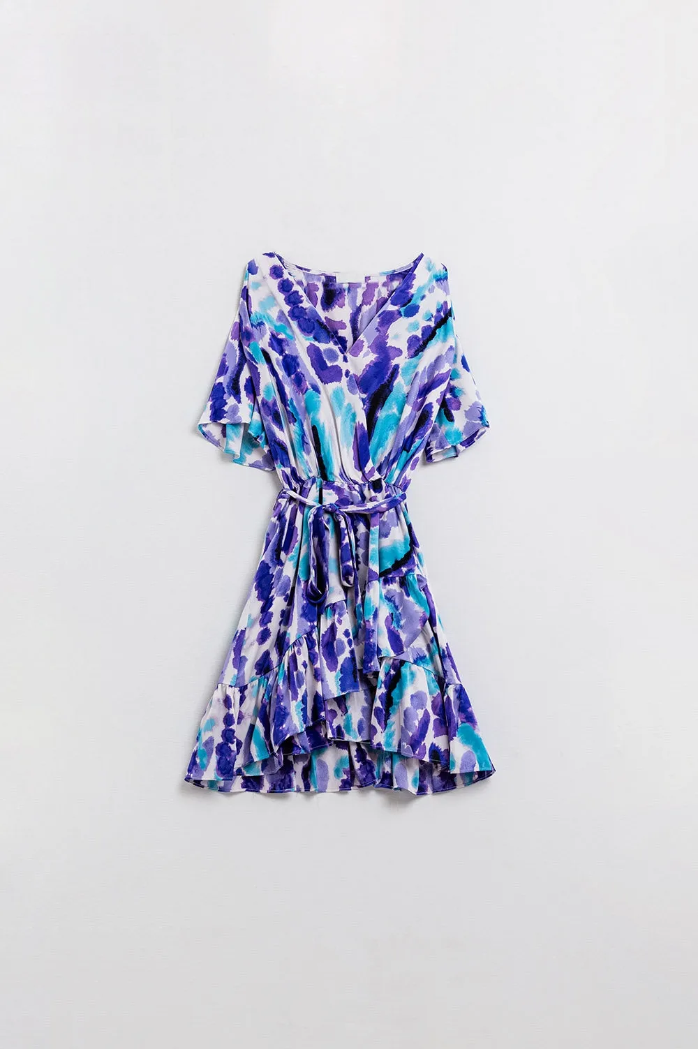 Wrap Short Dress In Blue and Purple Tie-dye