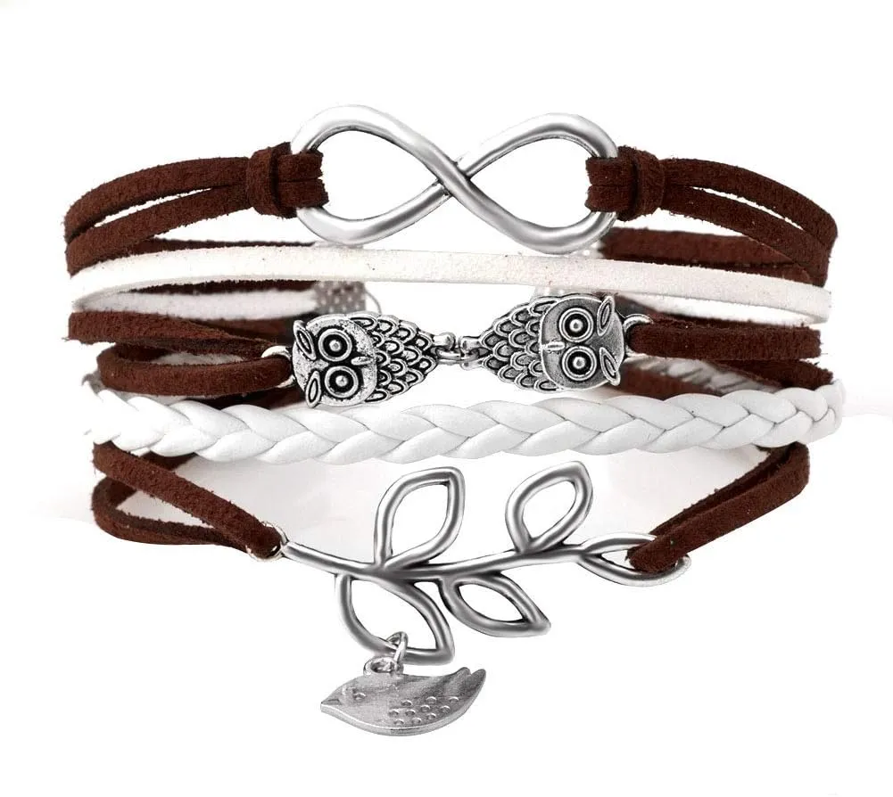 Wristband Rope Owls Bird Leaf Infinity Wrap Charm Leather Braided Bracelet