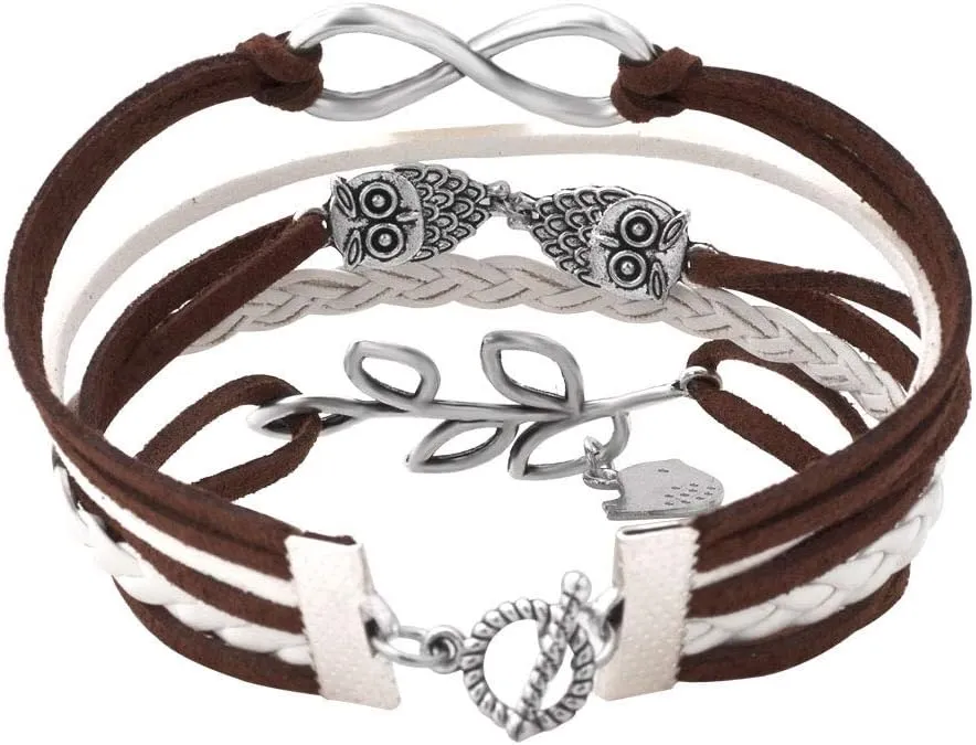 Wristband Rope Owls Bird Leaf Infinity Wrap Charm Leather Braided Bracelet