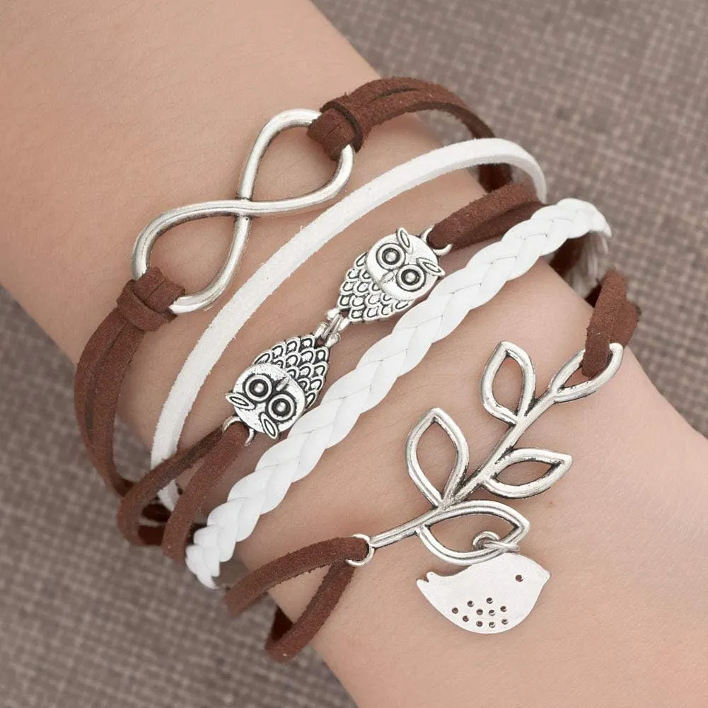 Wristband Rope Owls Bird Leaf Infinity Wrap Charm Leather Braided Bracelet