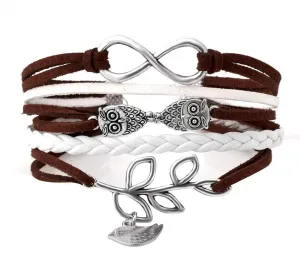 Wristband Rope Owls Bird Leaf Infinity Wrap Charm Leather Braided Bracelet