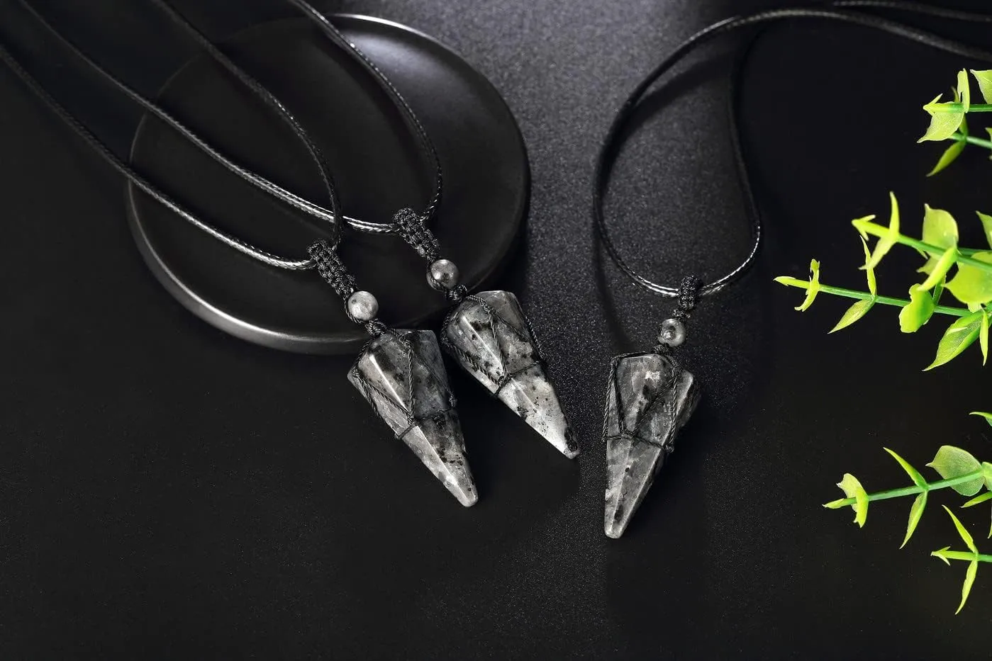 XIANNVXI Labradorite Adjustable Black Rope Pointed Pendant Necklaces Labradorite Adjustable Rope Round Pendant Necklaces