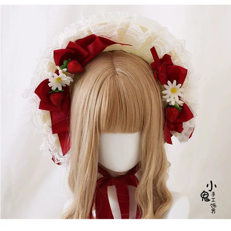 Xiaogui~Sweet Lolita Hat Strawberry Bonnet with Lace and Bow