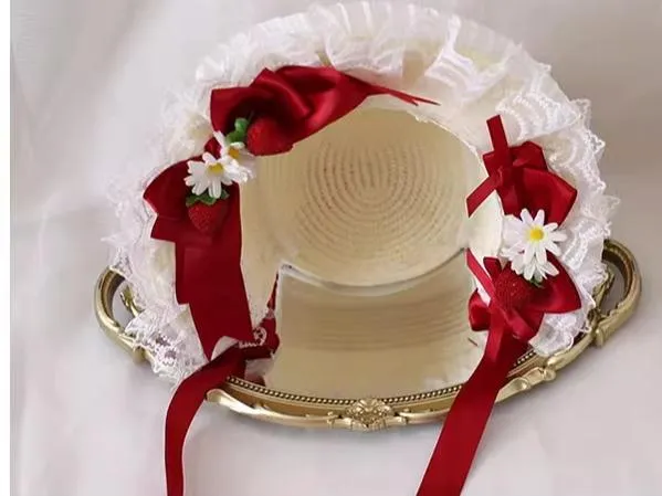Xiaogui~Sweet Lolita Hat Strawberry Bonnet with Lace and Bow