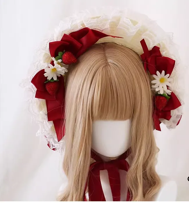 Xiaogui~Sweet Lolita Hat Strawberry Bonnet with Lace and Bow