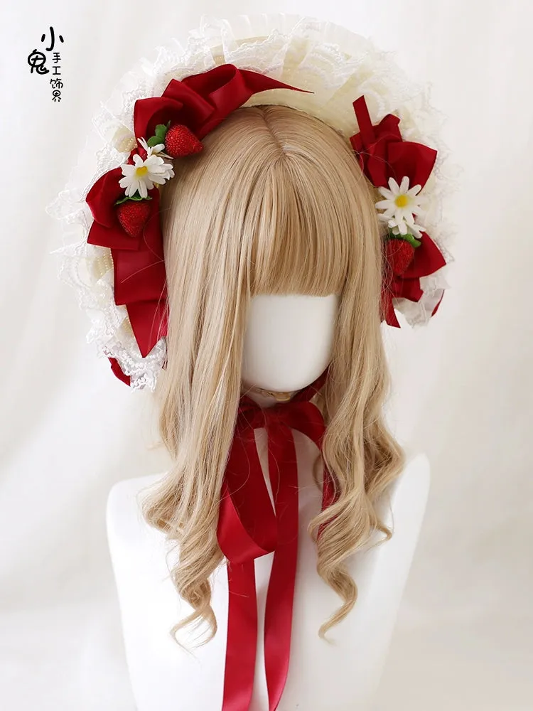 Xiaogui~Sweet Lolita Hat Strawberry Bonnet with Lace and Bow
