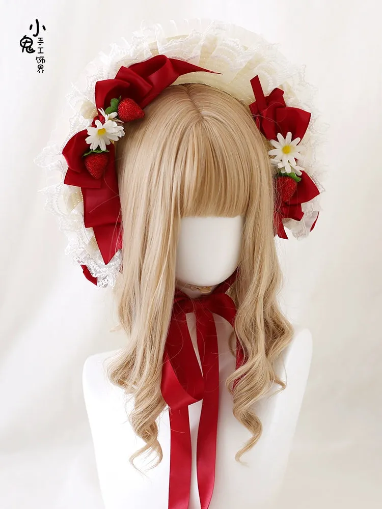 Xiaogui~Sweet Lolita Hat Strawberry Bonnet with Lace and Bow