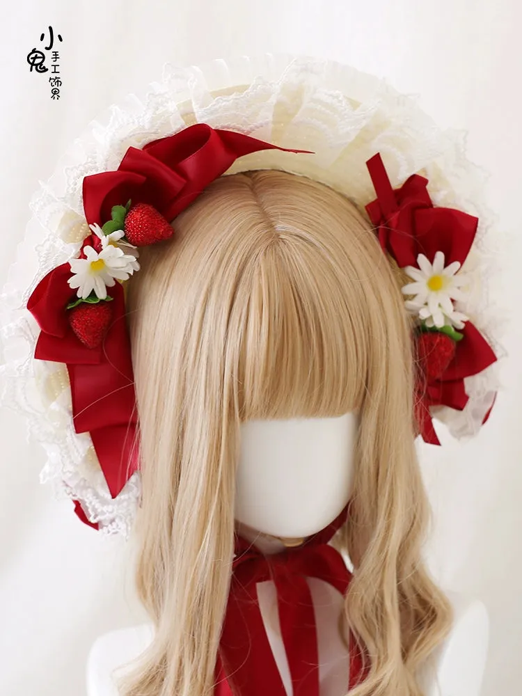 Xiaogui~Sweet Lolita Hat Strawberry Bonnet with Lace and Bow