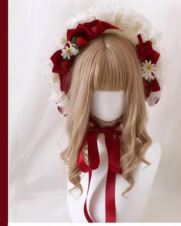 Xiaogui~Sweet Lolita Hat Strawberry Bonnet with Lace and Bow