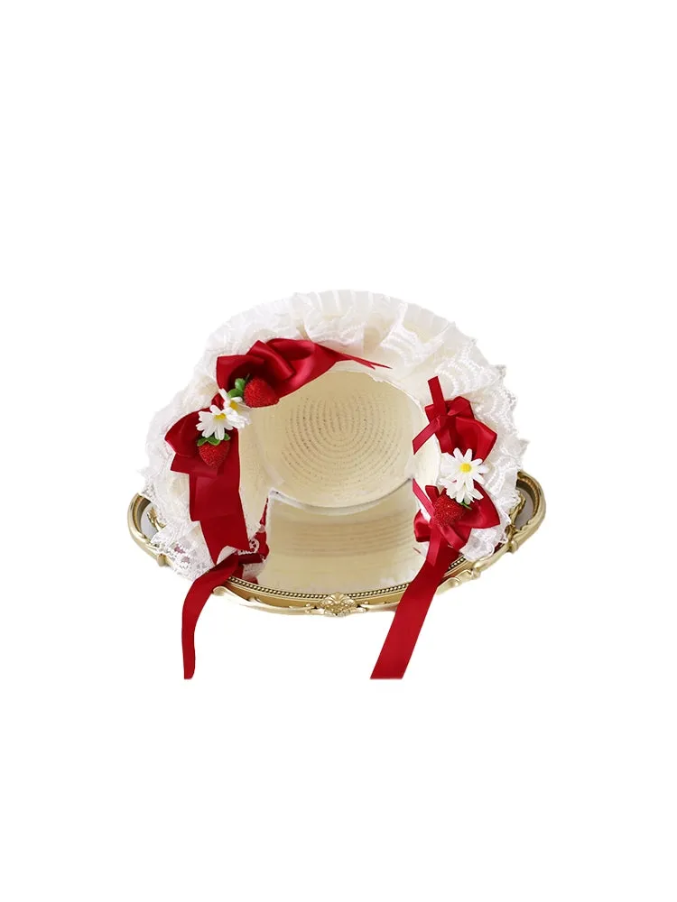 Xiaogui~Sweet Lolita Hat Strawberry Bonnet with Lace and Bow
