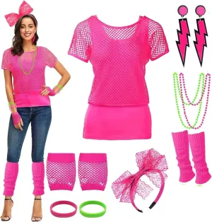 Xintorch 80s Outfit Women Costume Accessories Set Fishnet Neon Off Shoulder T-Shirt Two Pieces Lace Headband Neon Earrings Fishnet Gloves, Legwarmers for 80's Party