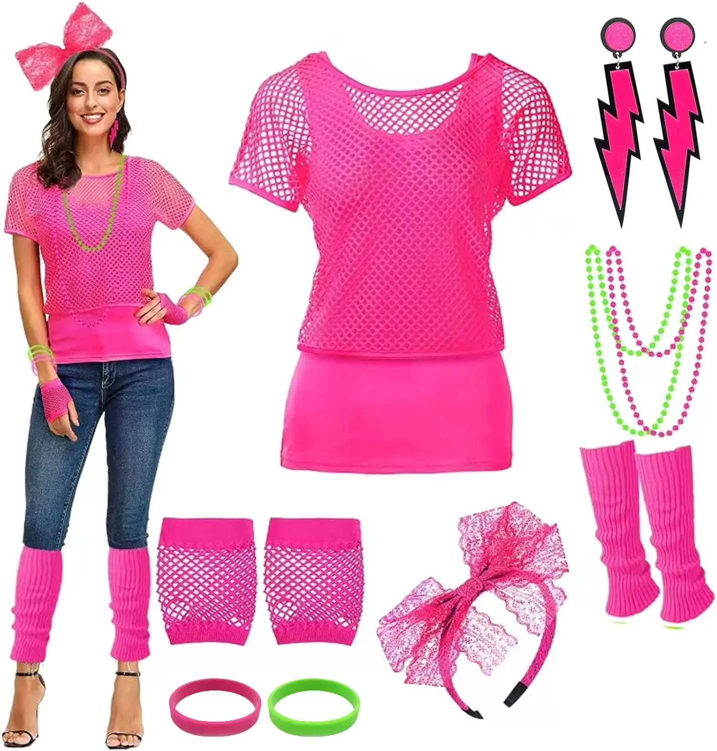 Xintorch 80s Outfit Women Costume Accessories Set Fishnet Neon Off Shoulder T-Shirt Two Pieces Lace Headband Neon Earrings Fishnet Gloves, Legwarmers for 80's Party