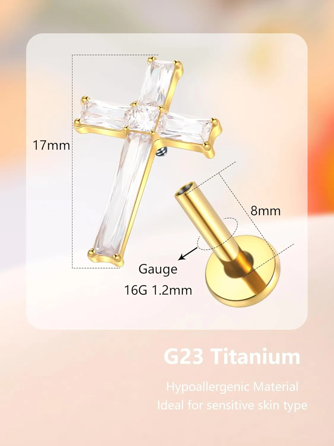 Xpircn G23 Titanium Flat Back Stud Earrings 16G 8mm Cartilage Tragus Conch Helix Piercing Jewelry 1 Pair, Silver/Gold
