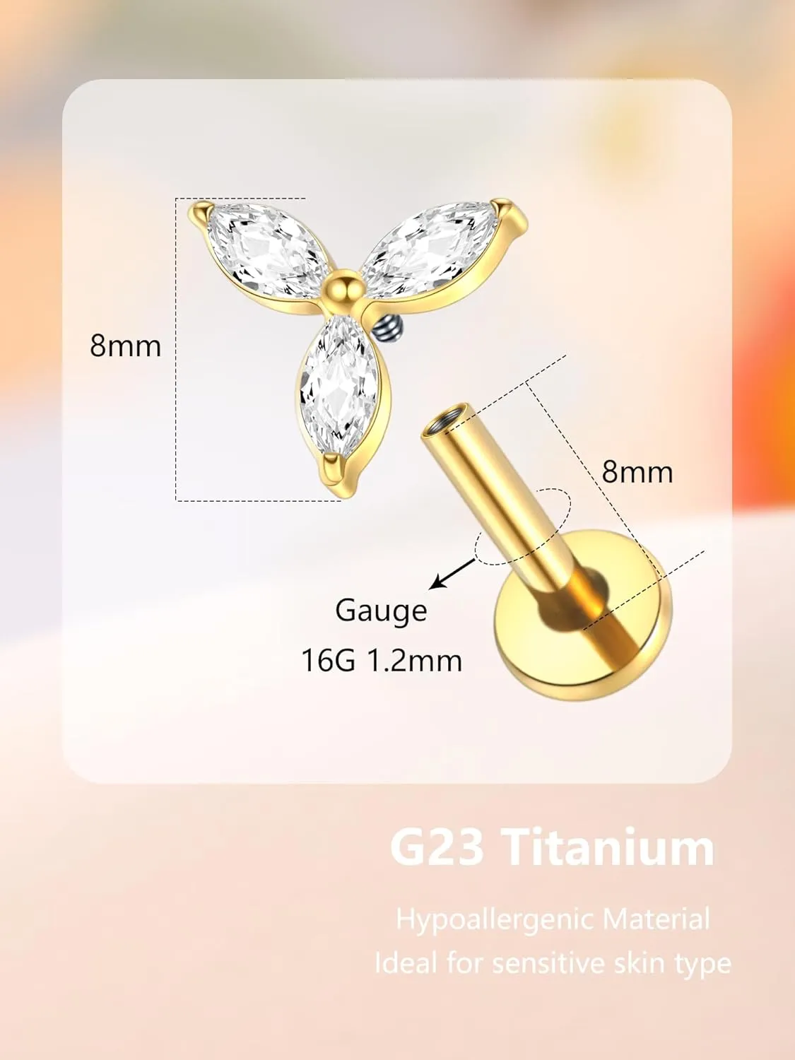 Xpircn G23 Titanium Flat Back Stud Earrings 16G 8mm Cartilage Tragus Conch Helix Piercing Jewelry 1 Pair, Silver/Gold