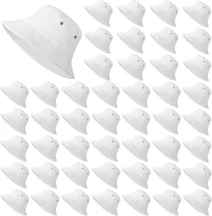 Xtinmee 48 Pcs White Cotton Bucket Hats for Men Women, Packable Washed Summer Hat Bulk Set for Outdoor Travel Beach Fishing