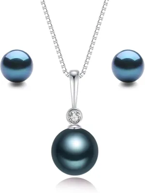 YAMI Pearl Neckalce and Earrings Set, Pearl Jewelry Set for Women, Genuine Cultured Blue/Black/Golden Pearls Crafted in 925 Sterling Silver, Luxurious Jewelry Gifts for Women, Length 18 2IN