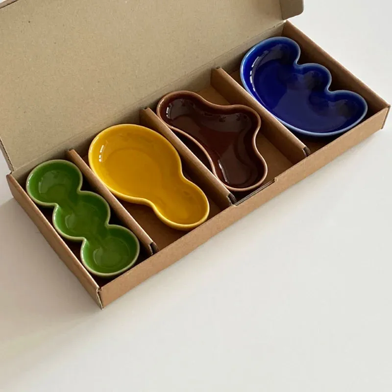 Yeknu Colorful Ceramic Sauce Plate Wasabi Oil Vinegar Dispenser Container Japanese Korean Style Dining Room Accessories 4 Pcs Set