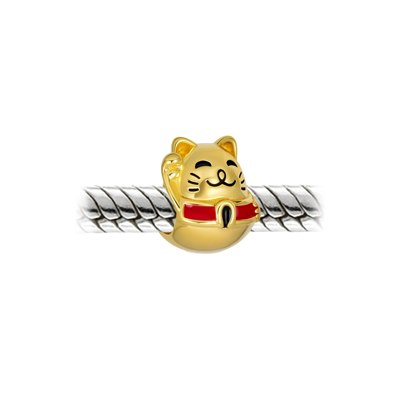 Yellow Maneki Neko Lucky Cat Charm Bead 14K Gold Plated Fits European Bracelet