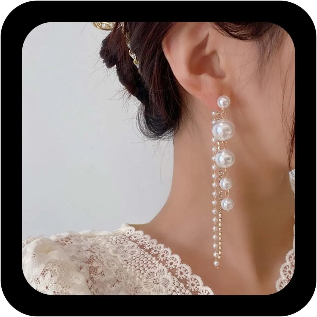 YienDoo Long Pearl Tassel Drop Earrings - Vintage Gold Tiny Crystal Pearl Dangle Earrings with Rhinestones and Tassels - Statement Earrings for Prom and Women's Jewelry