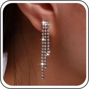 YienDoo Long Tassel Crystal Drop Earrings Silver Pave Rhinestone Chandelier Dangle Earrings Wedding Brial Crystal Tassel Earrings Statement Crystal Dangle Earrings Jewelry for Women