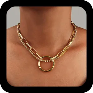 YienDoo Punk Crystal Choker Necklace Layered Gold Rhinestone Choker Big Circle Pendant Necklace Chunky Paperclip Chain Choker Rock Statement Crystal Necklace Charm Jewelry for Women