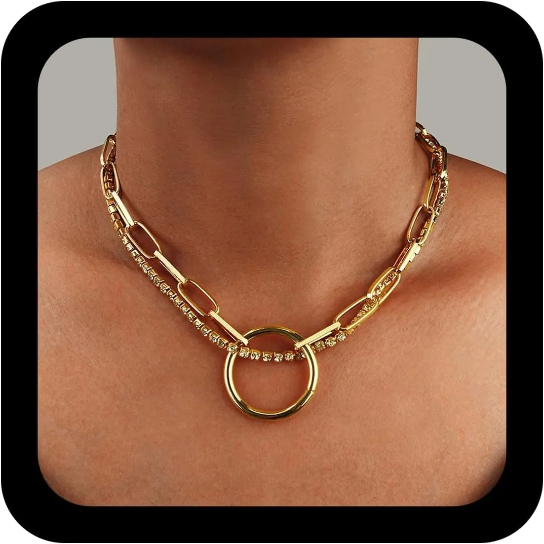 YienDoo Punk Crystal Choker Necklace Layered Gold Rhinestone Choker Big Circle Pendant Necklace Chunky Paperclip Chain Choker Rock Statement Crystal Necklace Charm Jewelry for Women