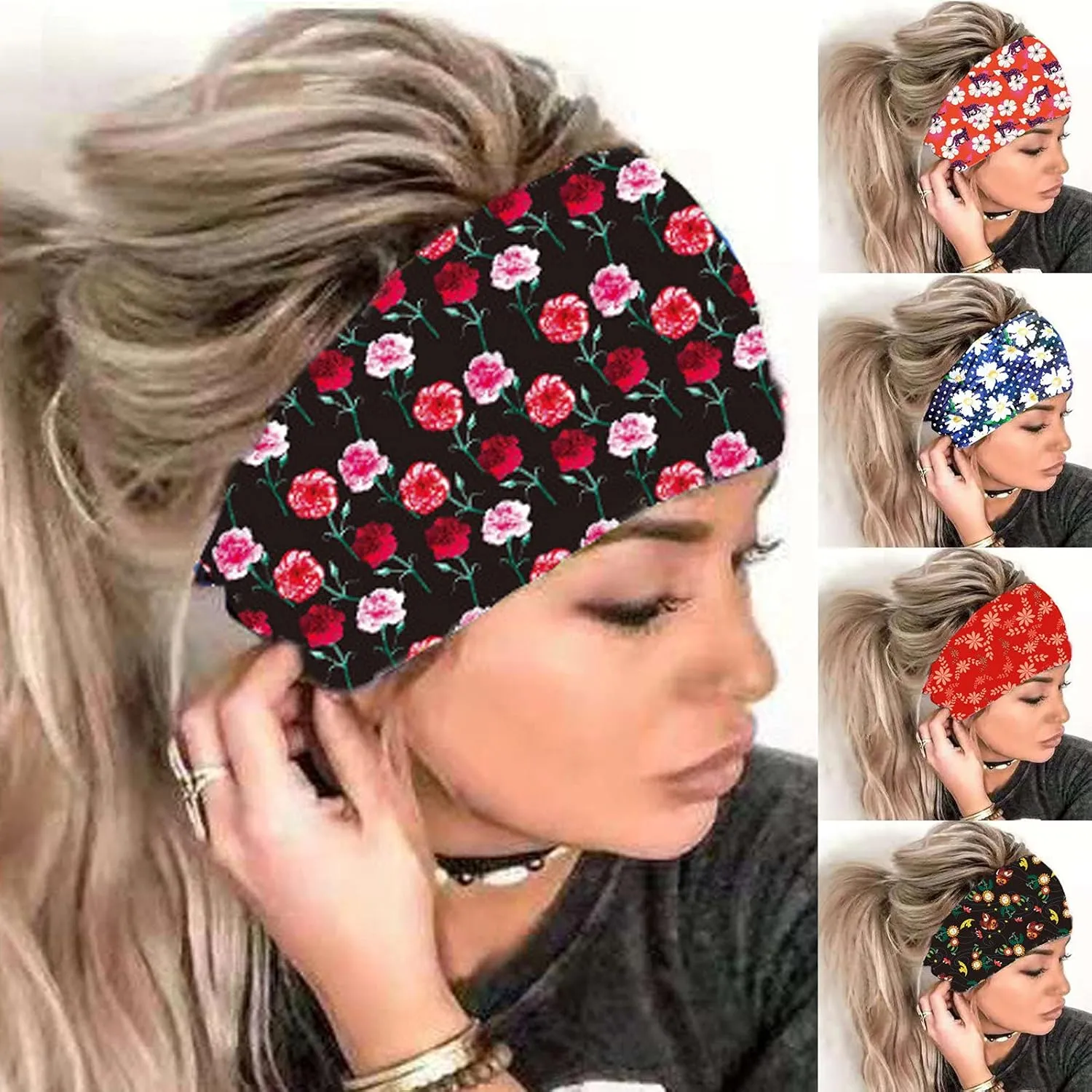 YOLAI Headbands for Women Boho Head Bands Elastic Headbands Soft Fabric Hair Bands for Workout Yoga Running (Black, One Size)