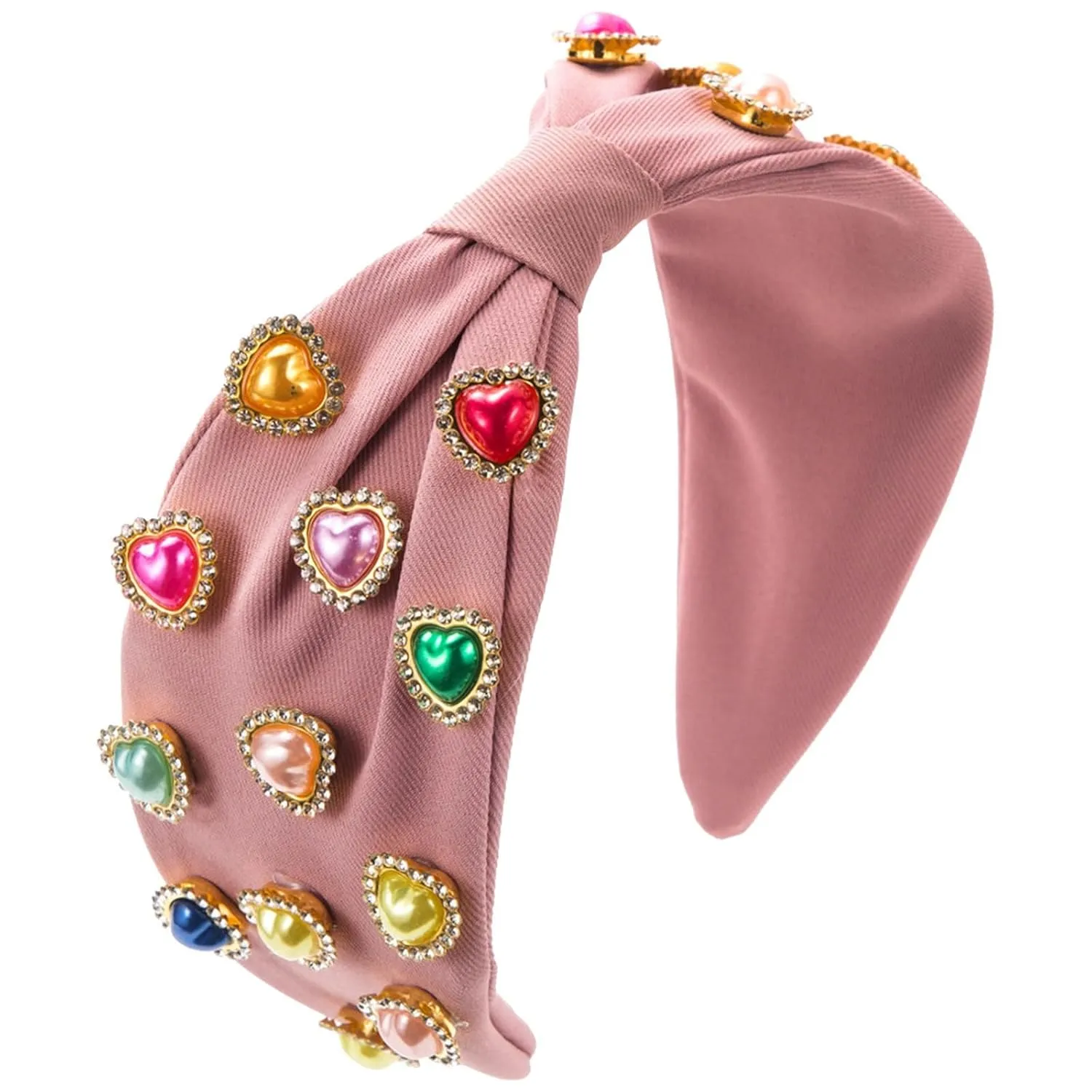 YOLAI Pearl Knotted Headband for Women Love Heart Hairband Wide Top Knot Headbands Party Fashion Hair Band (Pink, One Size)