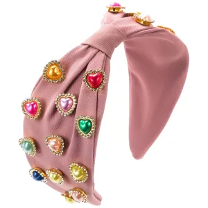 YOLAI Pearl Knotted Headband for Women Love Heart Hairband Wide Top Knot Headbands Party Fashion Hair Band (Pink, One Size)