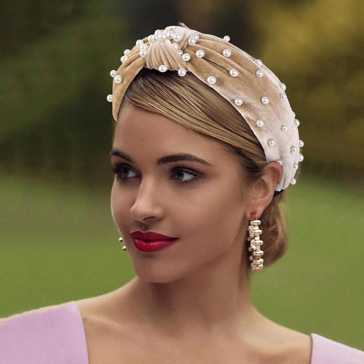 YOLAI Pearl Knotted Headband Women Hairband Elegant Wide Top Knot Headbands Fashion Ladies Hair Hoop (Beige, One Size)