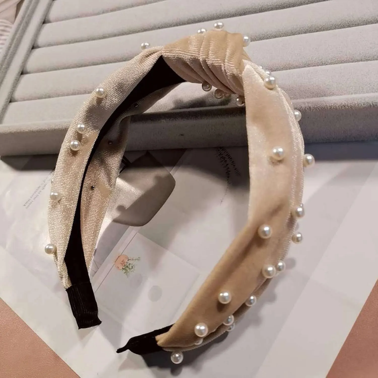 YOLAI Pearl Knotted Headband Women Hairband Elegant Wide Top Knot Headbands Fashion Ladies Hair Hoop (Beige, One Size)