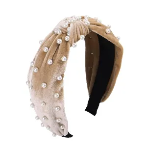 YOLAI Pearl Knotted Headband Women Hairband Elegant Wide Top Knot Headbands Fashion Ladies Hair Hoop (Beige, One Size)