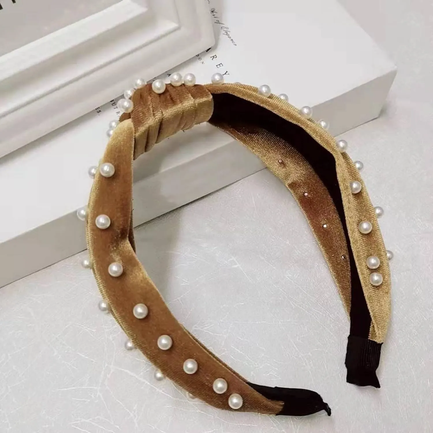 YOLAI Pearl Knotted Headband Women Hairband Elegant Wide Top Knot Headbands Fashion Ladies Hair Hoop (Gold, One Size)