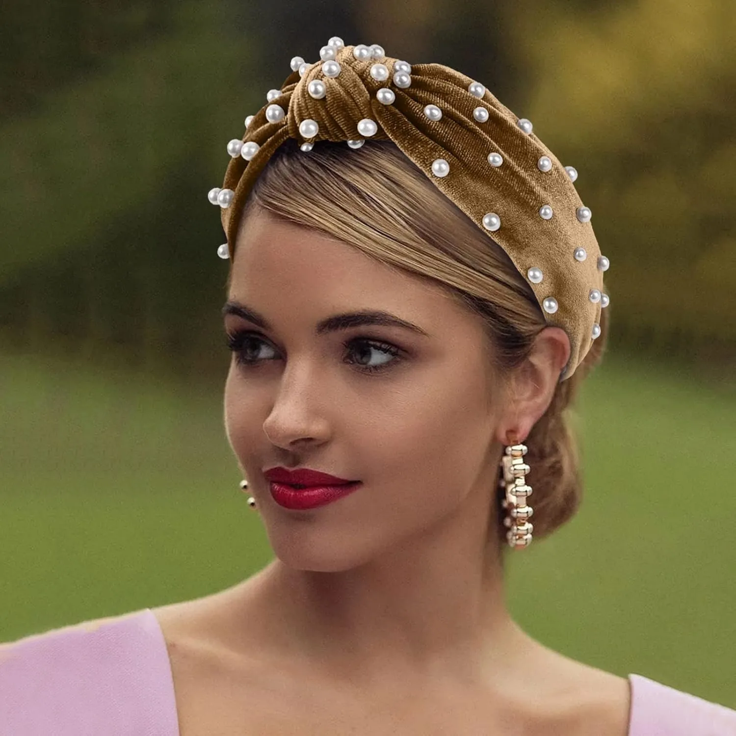 YOLAI Pearl Knotted Headband Women Hairband Elegant Wide Top Knot Headbands Fashion Ladies Hair Hoop (Gold, One Size)