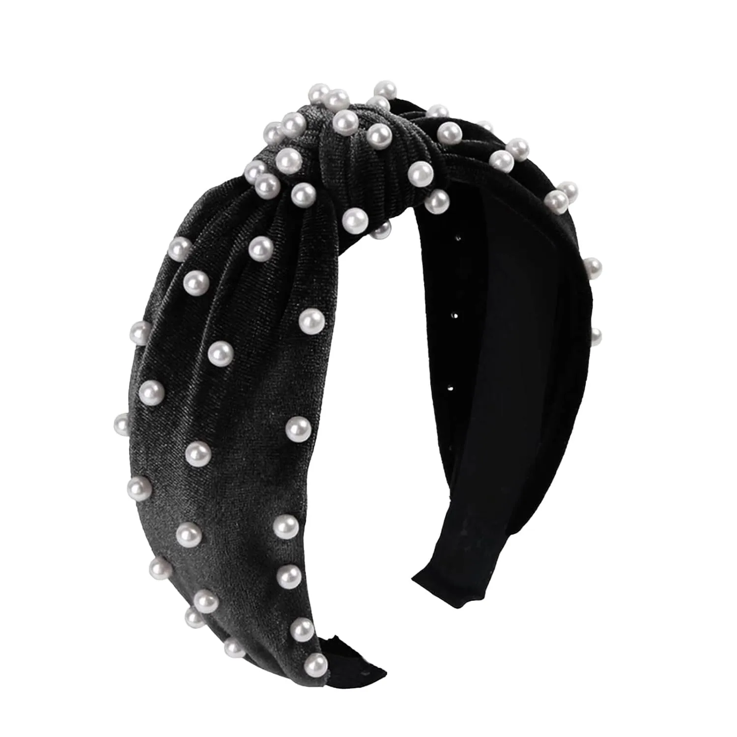 YOLAI Velvet Pearl Hair Hoop for Women Golden Velvet Pearl Knotted Hair Hoop Headband Hair Accessories (Black, One Size)