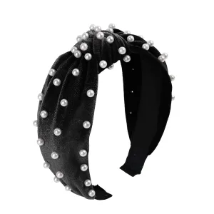 YOLAI Velvet Pearl Hair Hoop for Women Golden Velvet Pearl Knotted Hair Hoop Headband Hair Accessories (Black, One Size)