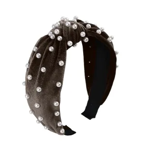 YOLAI Velvet Pearl Hair Hoop for Women Golden Velvet Pearl Knotted Hair Hoop Headband Hair Accessories (Coffee, One Size)