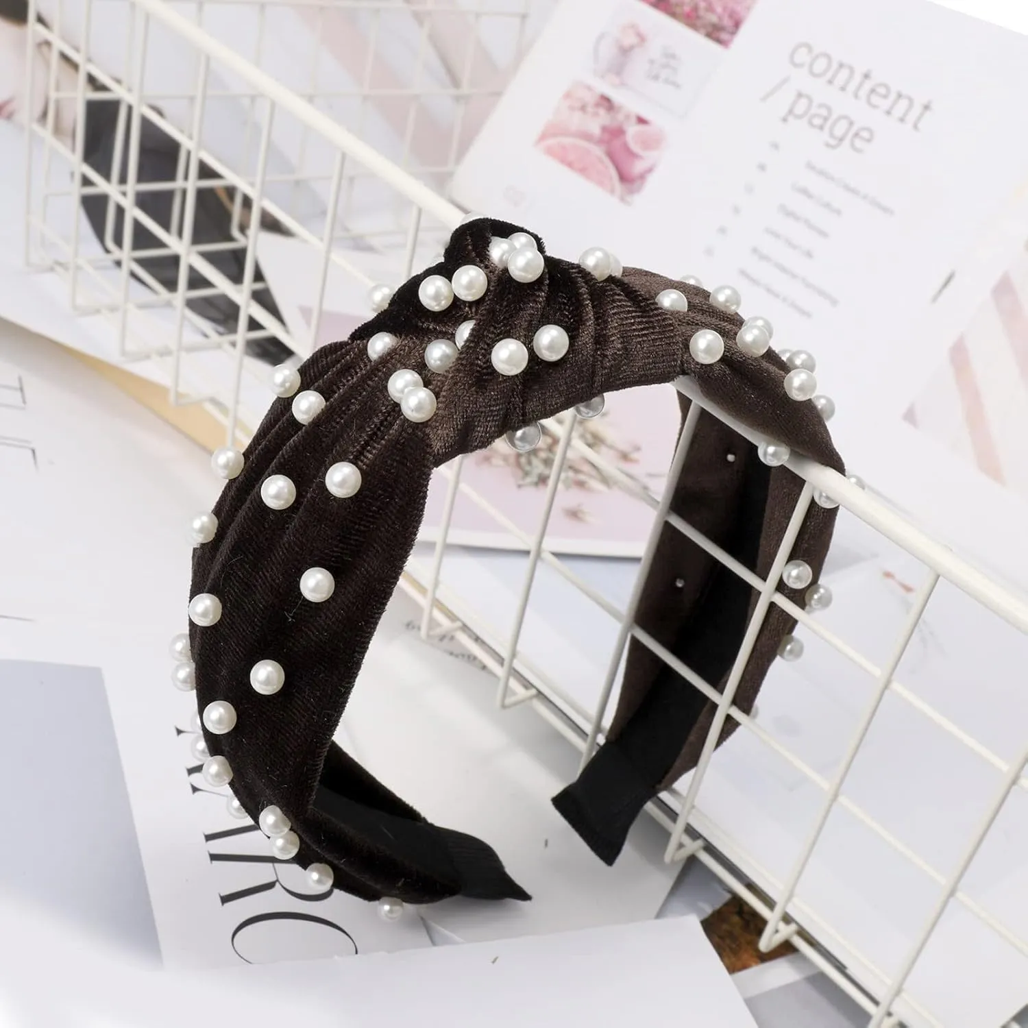 YOLAI Velvet Pearl Hair Hoop for Women Golden Velvet Pearl Knotted Hair Hoop Headband Hair Accessories (Coffee, One Size)