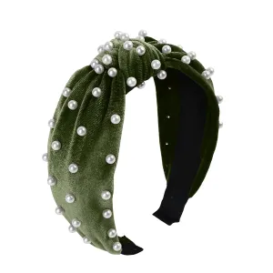 YOLAI Velvet Pearl Hair Hoop for Women Golden Velvet Pearl Knotted Hair Hoop Headband Hair Accessories (Green, One Size)